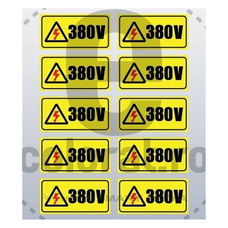 Sticker Atentie Tensiune 380 V - Set 10 Bucati - 5 x 2,5 cm / Bucata