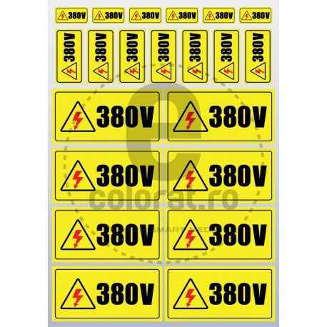 Sticker Atentie Tensiune 380 V - Set 23 Bucati 1.5x3 2.5x5 5x10 cm